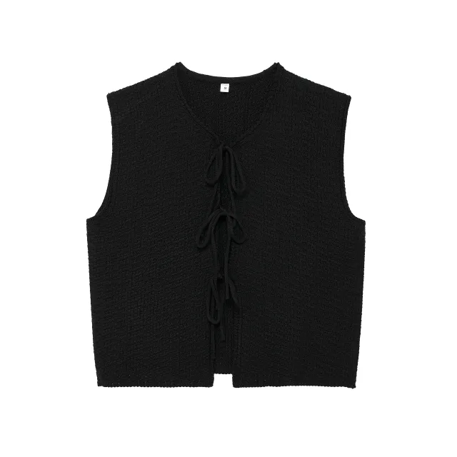 Bow Small V neck Sleeveless Knitted Vest Black - Shop at LoveMi