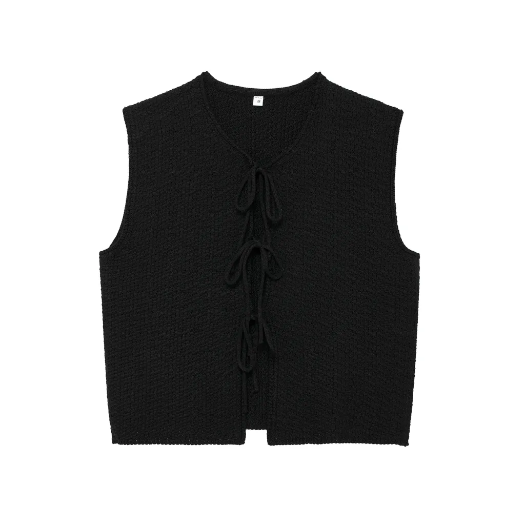 Bow Small V-neck Sleeveless Knitted Vest - Black