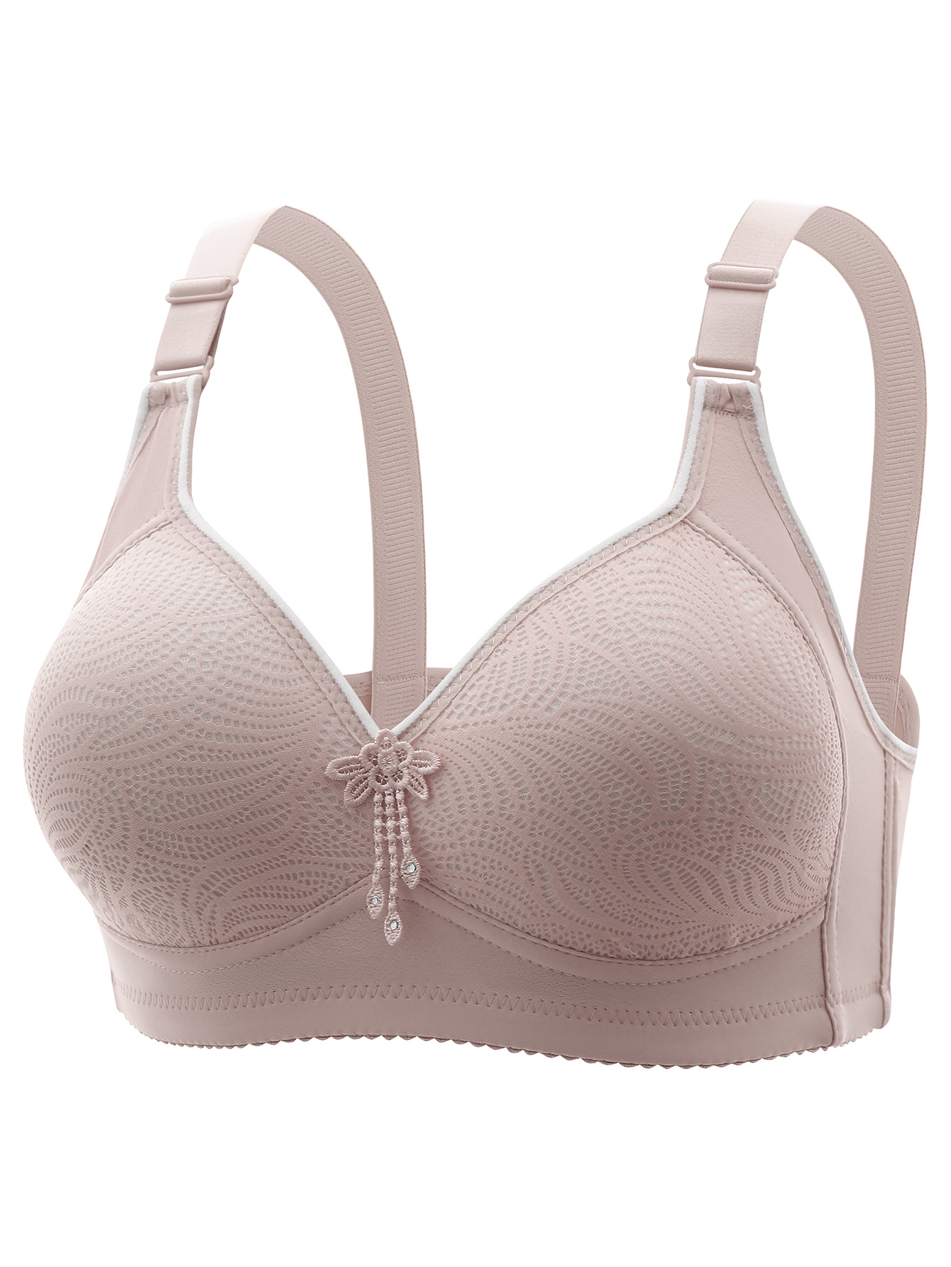 Lace Floral-patterned Wireless Bra With Four-row Three-hook Closure And Padded Cups S Milk Gray