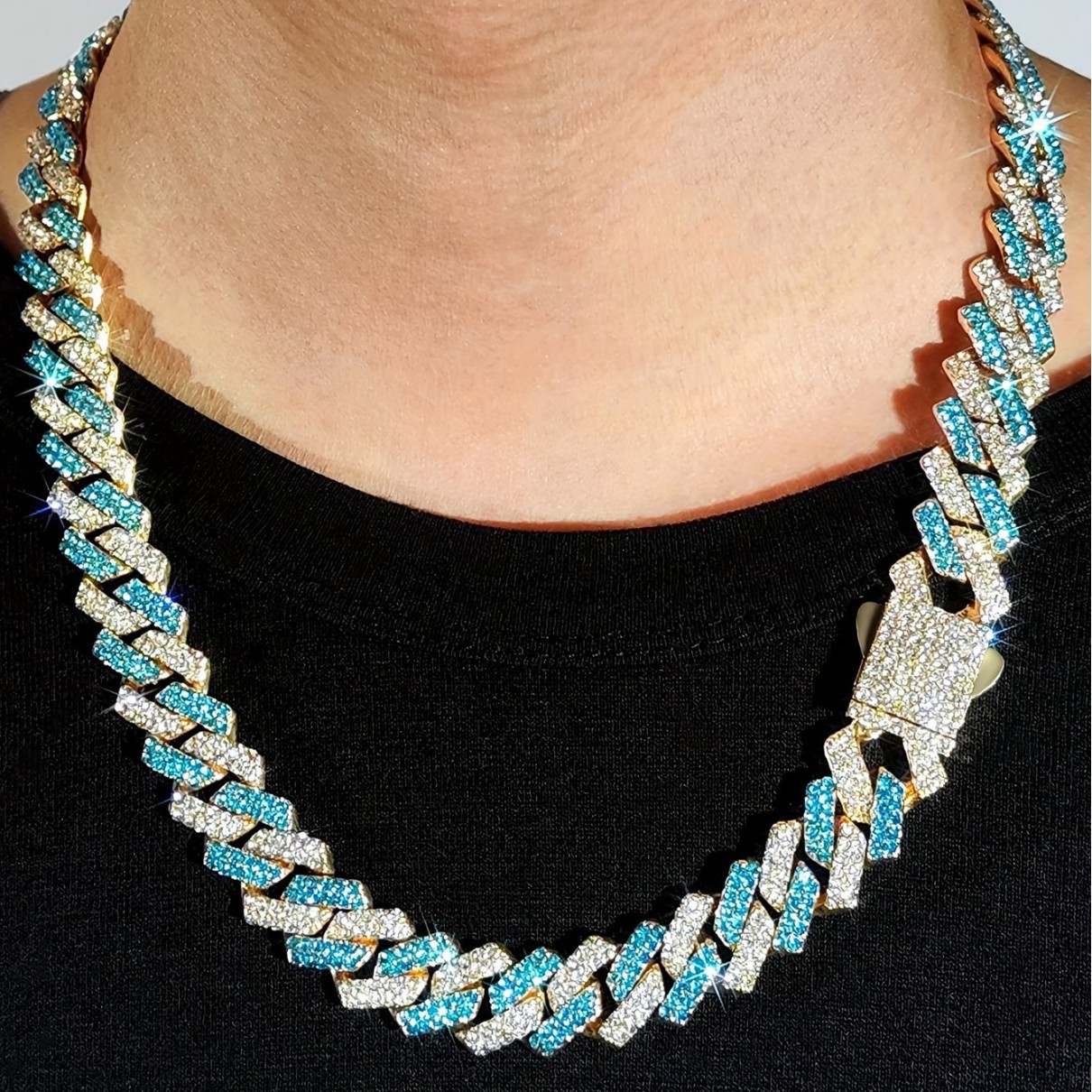 Exaggerated 14mm Alloy Blue-and-white Rhinestone Cuban-link Necklace