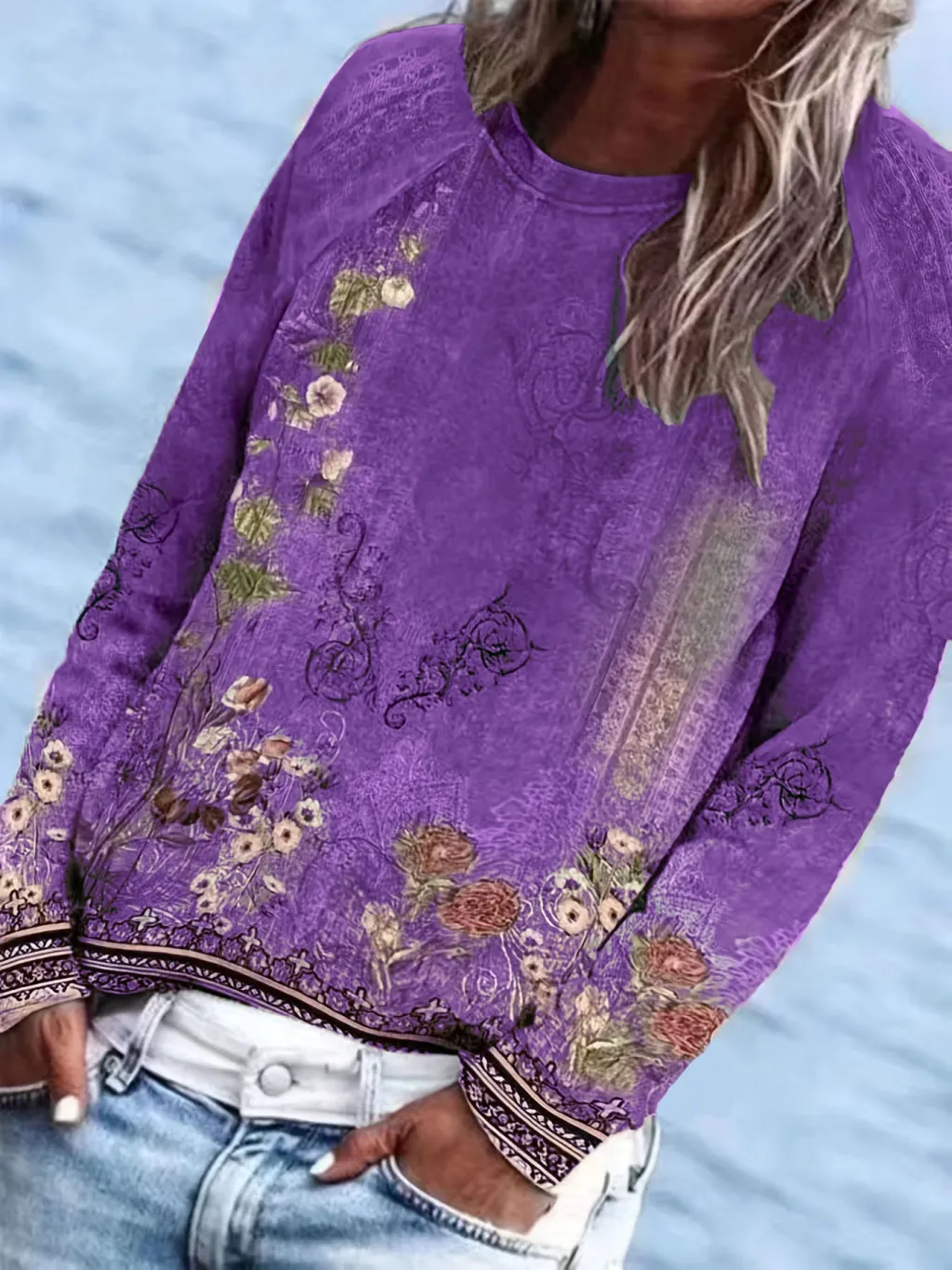 Long Sleeve Raglan Sleeve Round Neck Printed Pullover Sweatshirt - Dark Violet