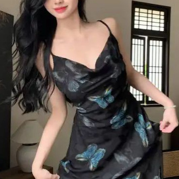 Womens Retro Butterfly French-Style Slim-fit Slip Dress
