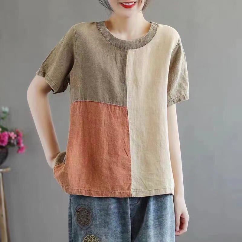 Contrast Color Cotton Linen T-shirt Women's