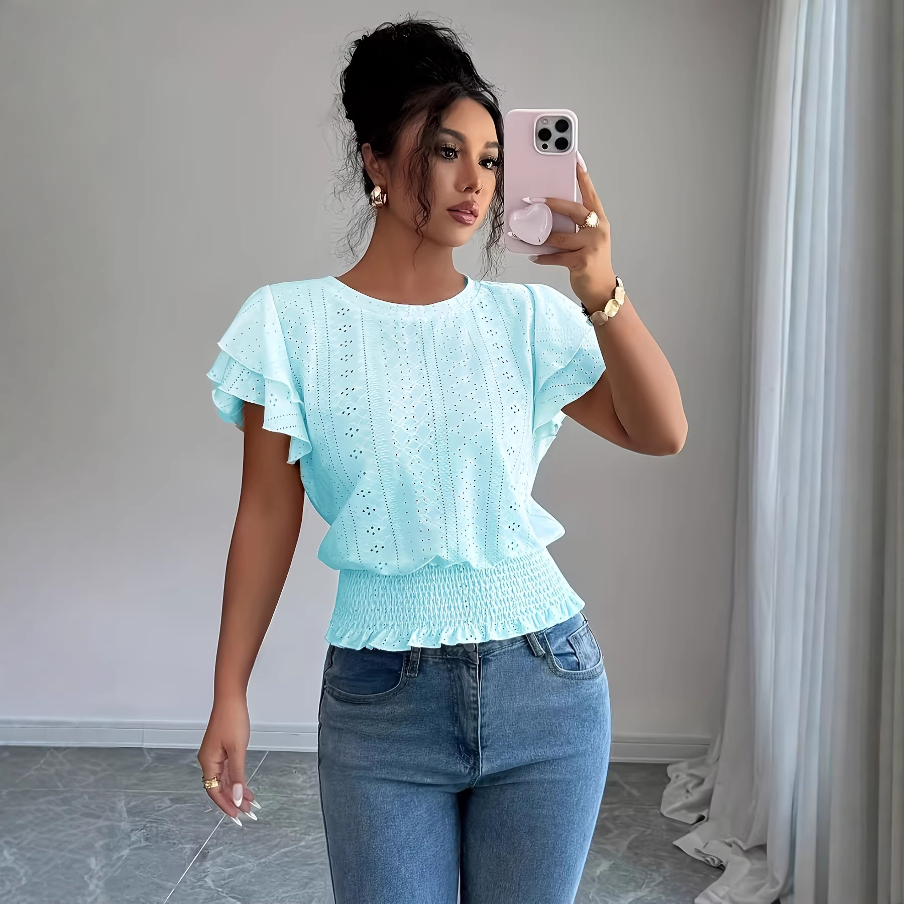 Womens Solid-Color Casual Round-Neck Top