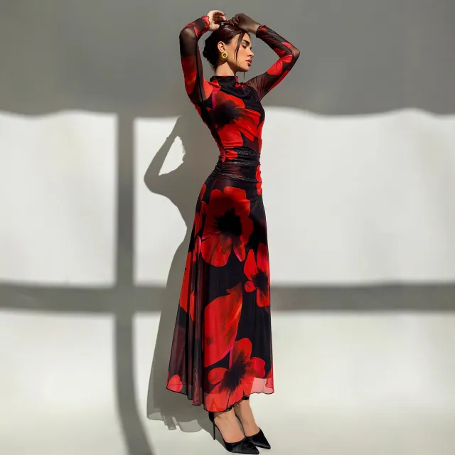 Mesh printed Waist cinching Figure flattering Knit Long sleeve Dress With Lining Picture Color L - Shop at LoveMi