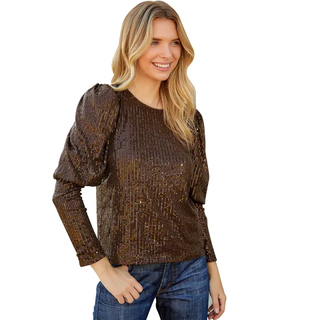 Brown Elegant Sequined Gigot Sleeve Top For Women Brown - Shop at LoveMi