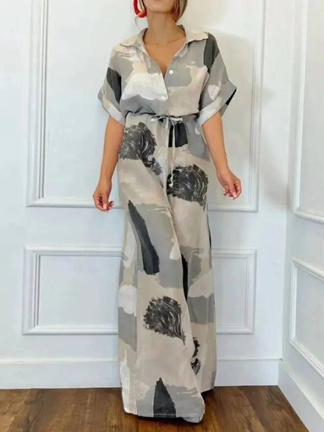 Women's Casual Loose Short Sleeves Lapel Print Lace up Jumpsuit Apricot - Shop at LoveMi