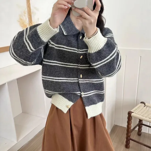 Korean Style Contrast Color Striped Lapel Sweater Cardigan Gray - Shop at LoveMi