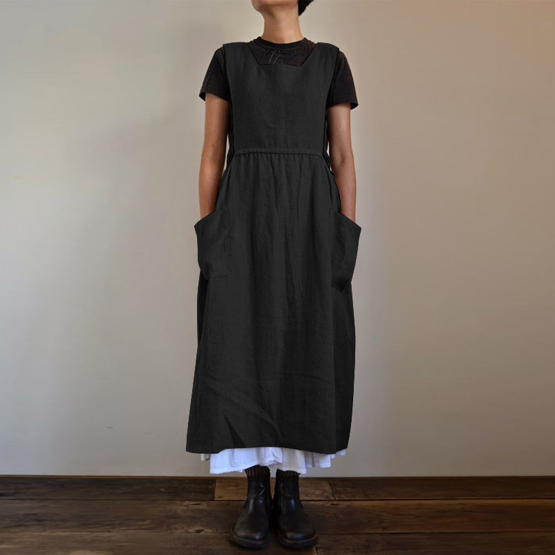 Women's Cotton And Linen Apron High Waist Loose Long Dress