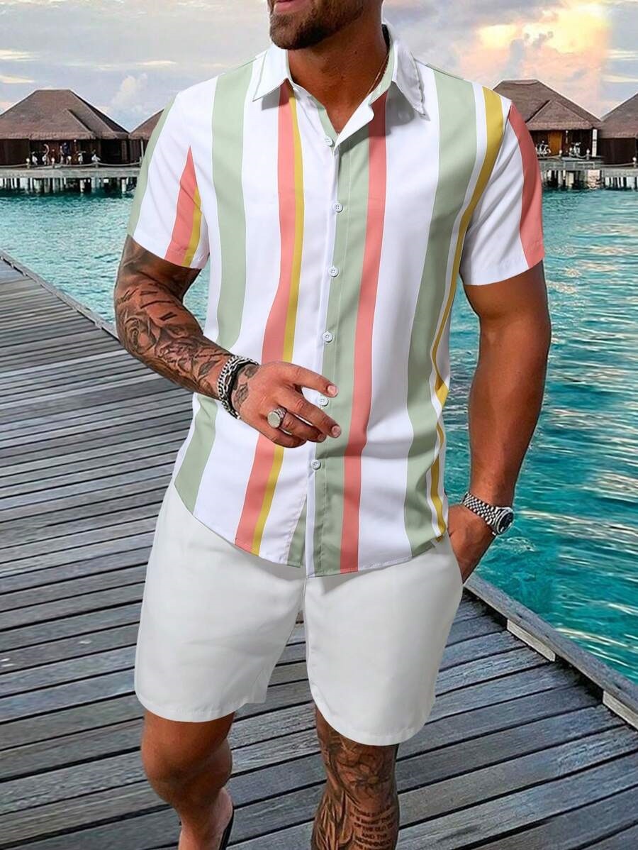 Mens 3D Digital-Print Shirt And Sports Suit Set