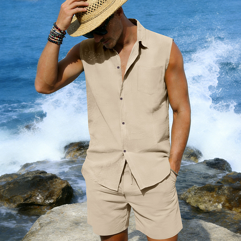 Mens Linen Sleeveless Shirt And Shorts Set