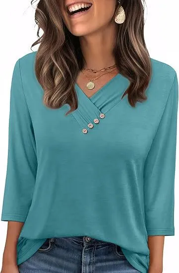 European And American New Autumn Women's Clothing Button V neck Fashion Casual Sleeve T shirt Blue - Shop at LoveMi