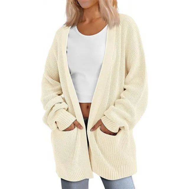 Solid Color Loose Knitted Pocket Sweater Coat Apricot - Shop at LoveMi