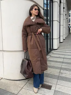European And American Loose Leisure Warm Long Stand-up Collar Cotton Coat Jacket - Brown - View 1