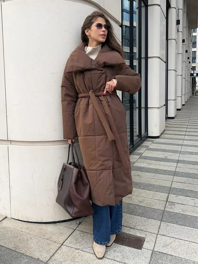 European And American Loose Leisure Warm Long Stand up Collar Cotton Coat Jacket Brown - Shop at LoveMi