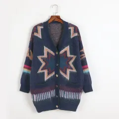 Geometric Diamond Contrast Colour Loose Mohair Knitted Cardigan Sweater Coat - Blue - View 1