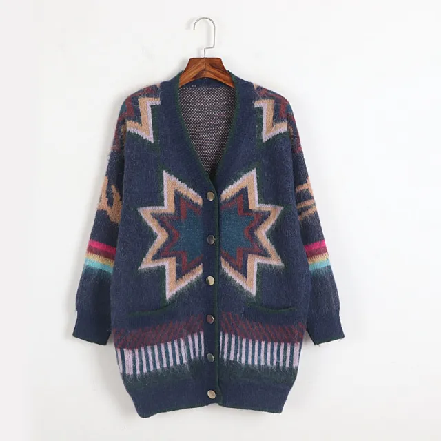 Geometric Diamond Contrast Color Loose Mohair Knitted Cardigan Sweater Coat Blue - Shop at LoveMi