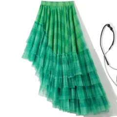 Elastic Waist Asymmetric Layer Gauze Skirt Front Short Back Long Fishtail Skirt - Green - View 1