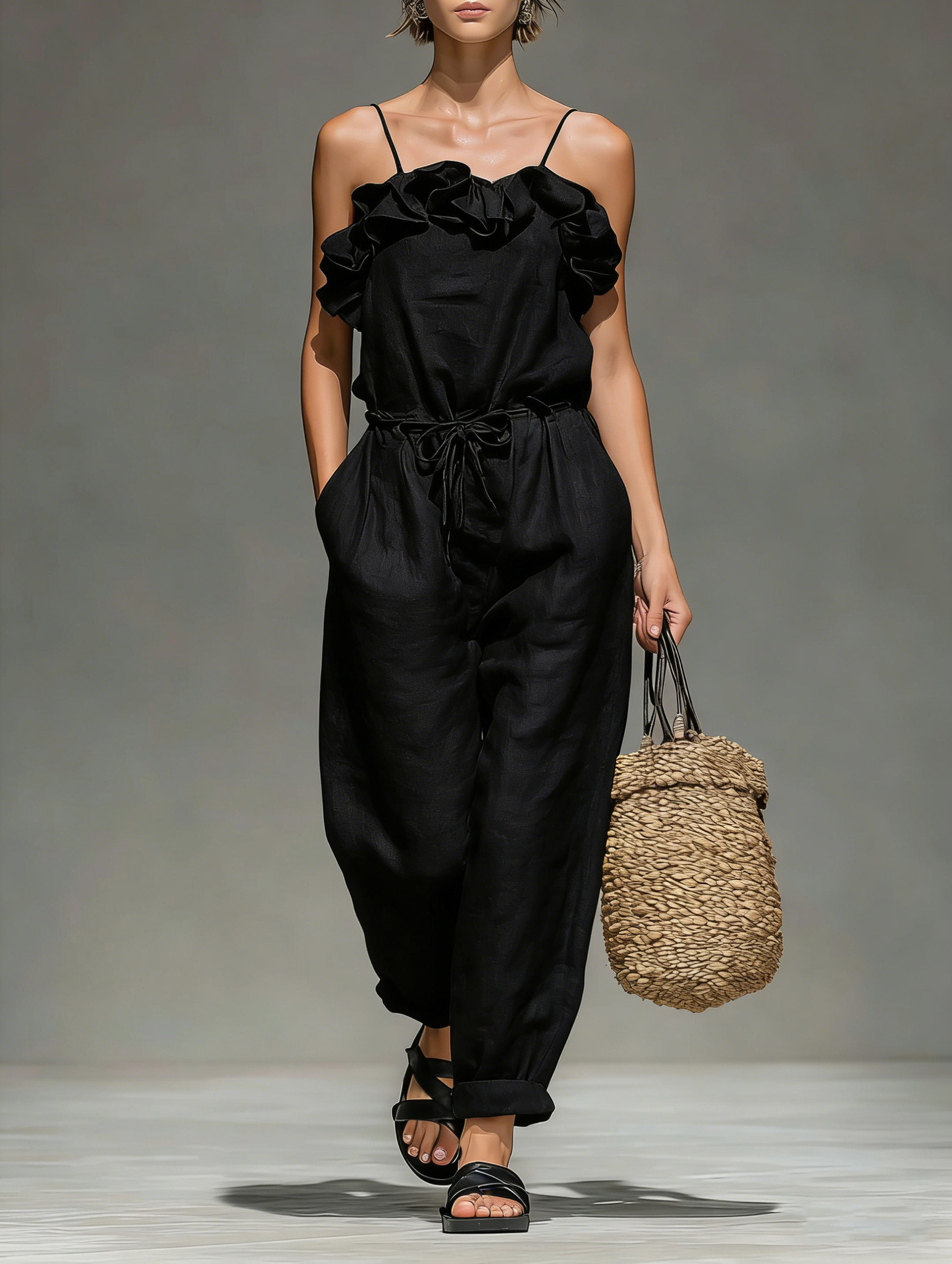 Women's Ruffled Cropped Jumpsuit in Bronze – Outdoor Lifestyle Shot