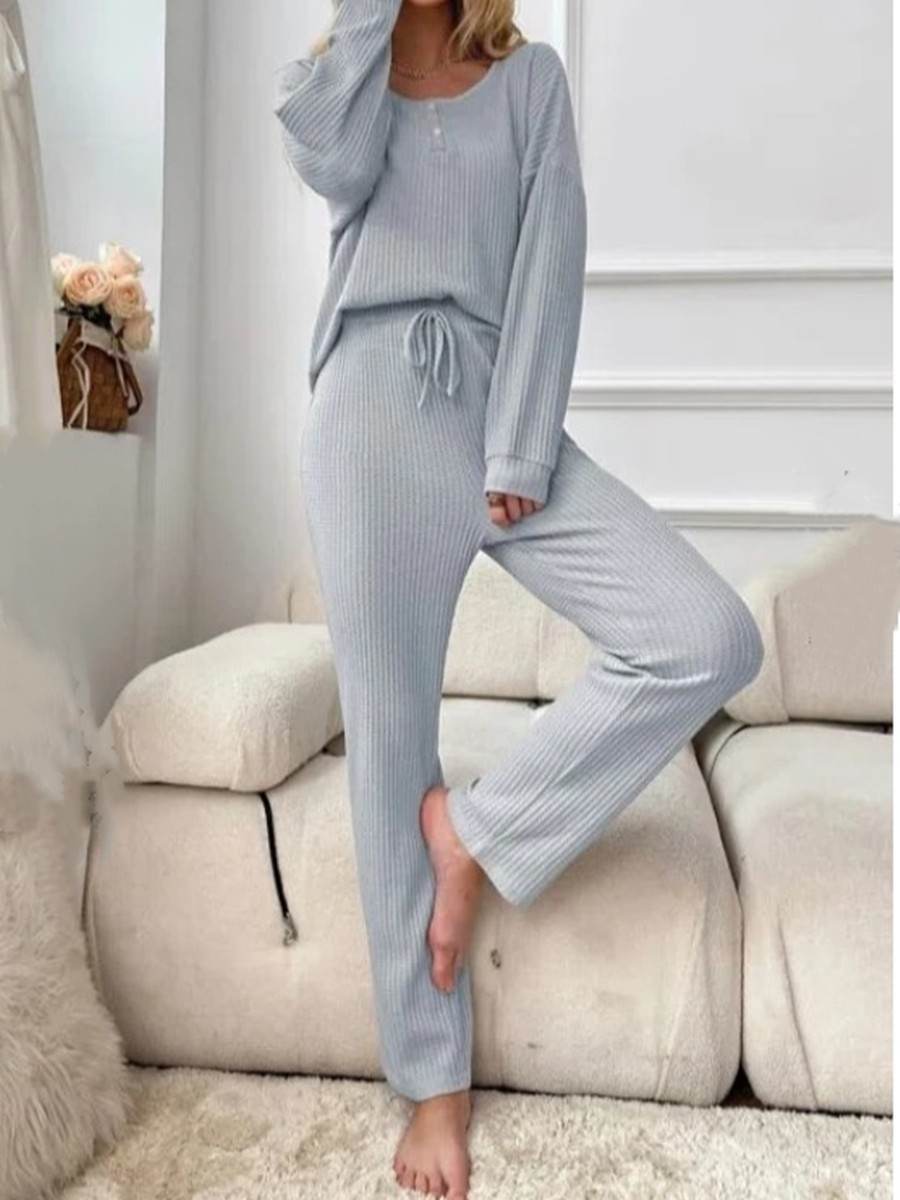 Solid Color Fashion Casual Long Sleeve Pants Two piece Set Blue - Shop at LoveMi