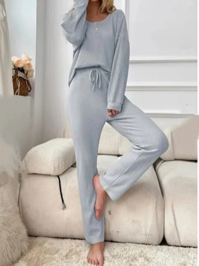 Solid Color Fashion Casual Long Sleeve Pants Two piece Set Light Blue - Shop at LoveMi