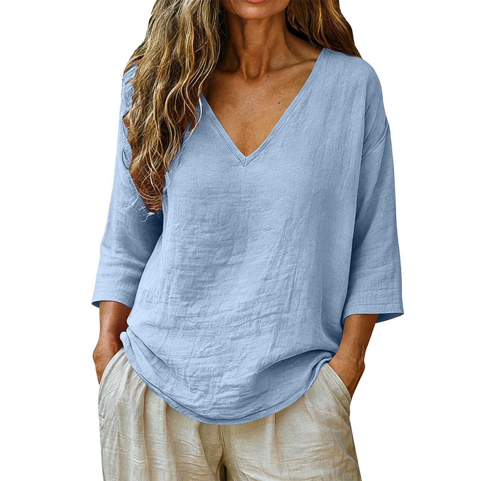 Stylish Bamboo-Loop Cotton Mid-Sleeve V-Neck Top