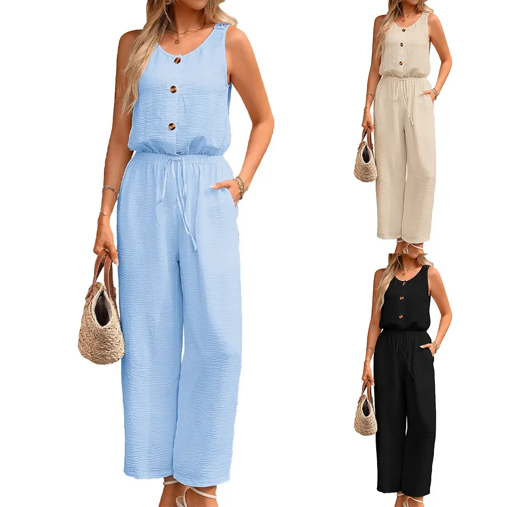 Solid-color Buttoned Round-neck Elastic-waist Loose-fitting Jumpsuit For Women