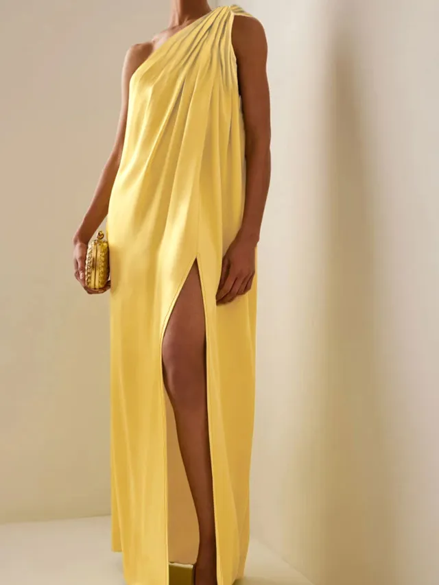 Slant Shoulder Irregular Sleeveless Long Party Slit Dress Yellow - Shop at LoveMi