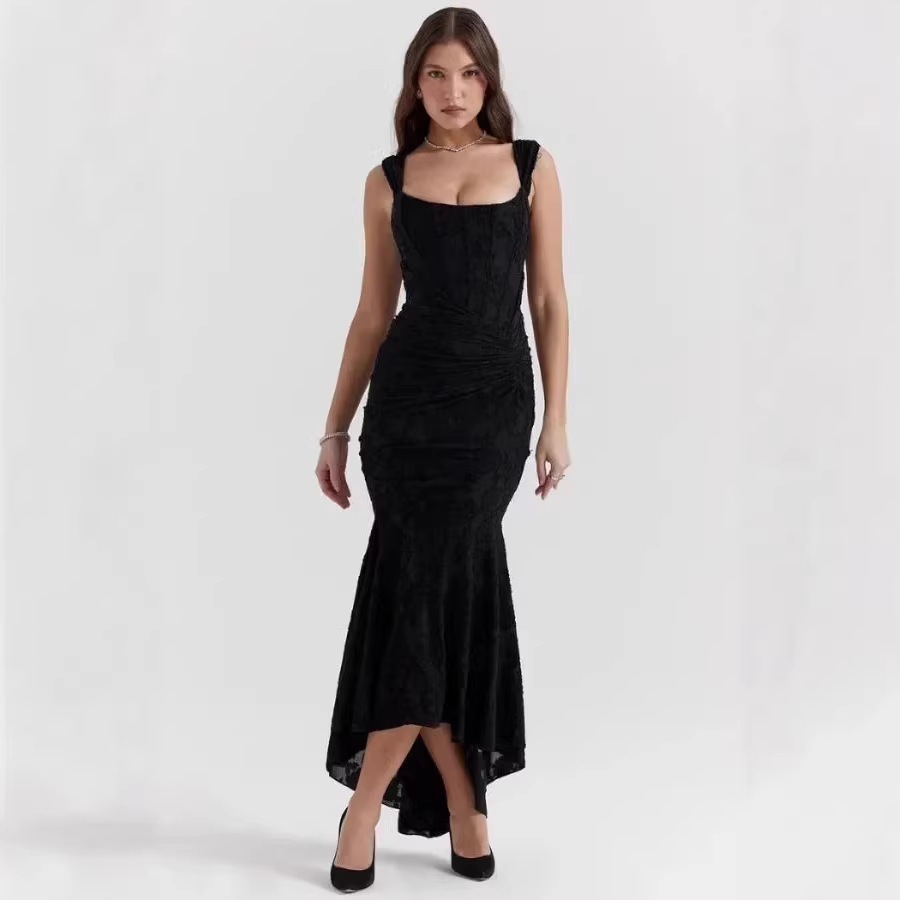 Womens Solid-Colored Slim-Fit Sleeveless Fishtail Maxi Dress Banquet Evening Gown One-Piece Dress