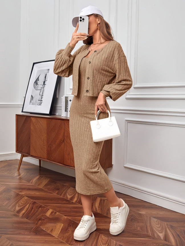 Casual Sunken Stripe Coat Dress Two piece Set Khaki - Shop at LoveMi