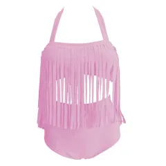 Sexy Tassel Solid Colour High Waist Bikini Conservative Split Swimsuit - Pink - View 1