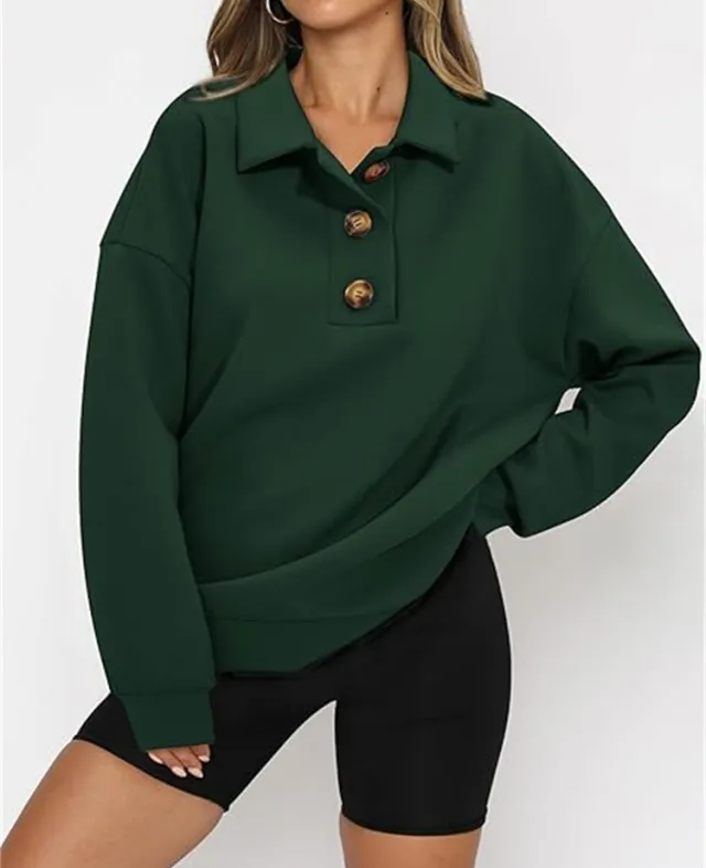 Solid Color Polo Collar Loose Long Sleeve Sweatershirt Dark Green - Shop at LoveMi