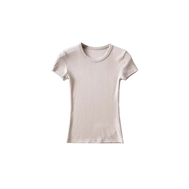 Basic Style Round Neck Tight Stretch Solid Color Short Sleeve T shirt Top Beige - Shop at LoveMi