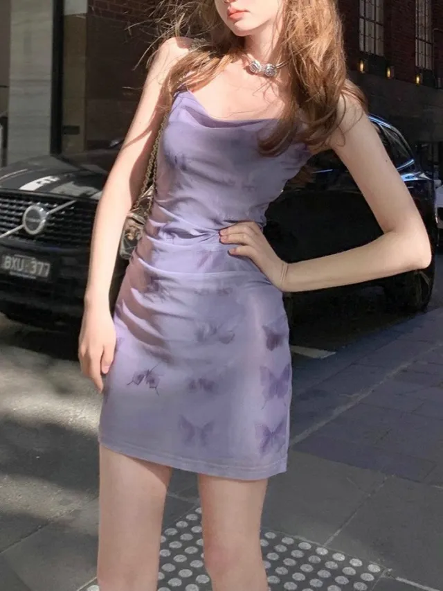 New French Purple Floral Strap Women Dress Purple Short - Shop at LoveMi
