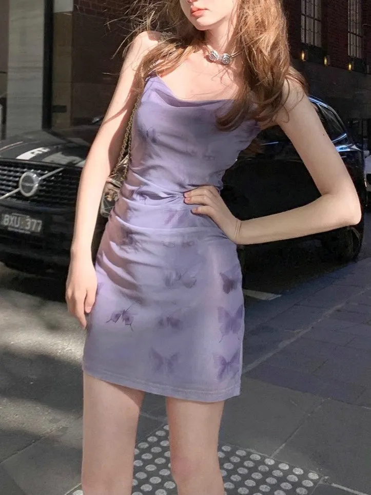 New French Purple Floral Strap Women Dress - Purple Short