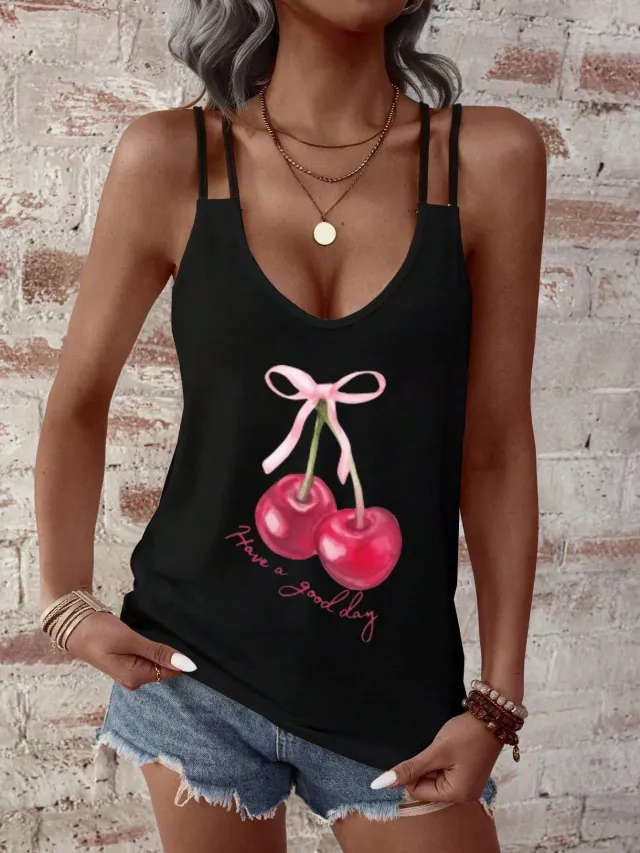 Sleeveless Top With Butterfly Print And Double Straps Black - Shop at LoveMi