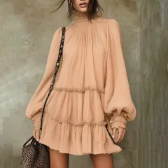 Elegant Relaxed-fit Long-sleeve Turtleneck Dress - Champagne-2Xl - View 1