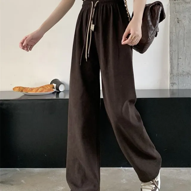 Corduroy Double Drawstring Wide leg Pants Popular Women's Straight Loose High Waist Brown - Shop at LoveMi