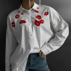 Women's Fashion Red Lips Printed White Shirt - Ls3722 White - View 1