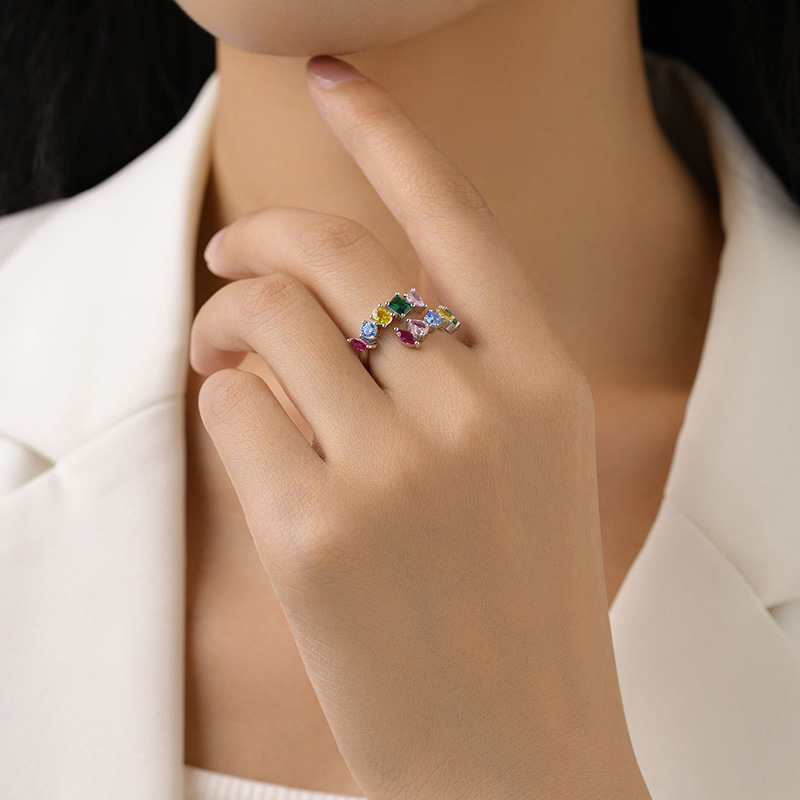 Women's S925 Sterling Silver Rainbow Zircon Opening Geometric Design Ring