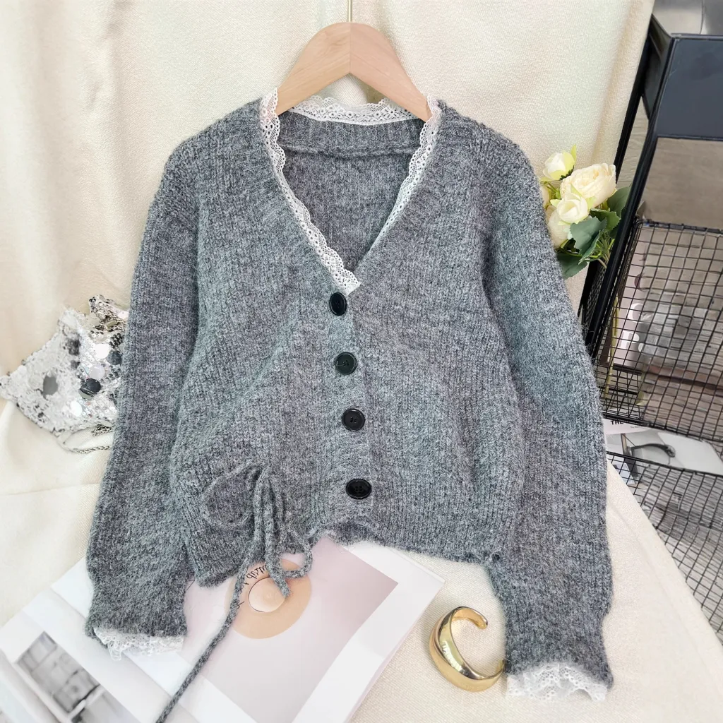 Stitching Lace Fashion Casual Knitted Cardigan V-neck Women's Sweater - Gray