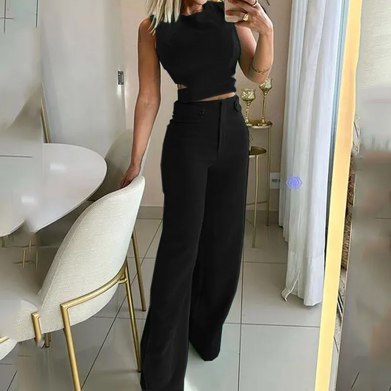 Cross-border Foreign Trade Independent Station European And American Ladies Suit Autumn New Fashion Casual Solid Color Trousers Two-piece Set - Black