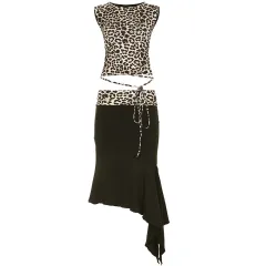 Summer Fashion Leopard Print Lace-up Sleeveless Vest Irregular Sheath Bevel Two-piece Overskirt Suit - Black - View 1