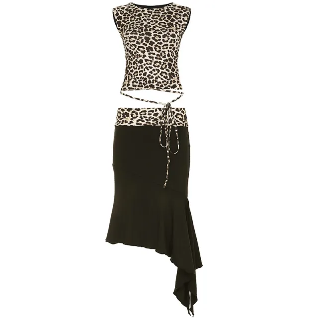 Summer Fashion Leopard Print Lace up Sleeveless Vest Irregular Sheath Bevel Two piece Overskirt Suit Black - Shop at LoveMi