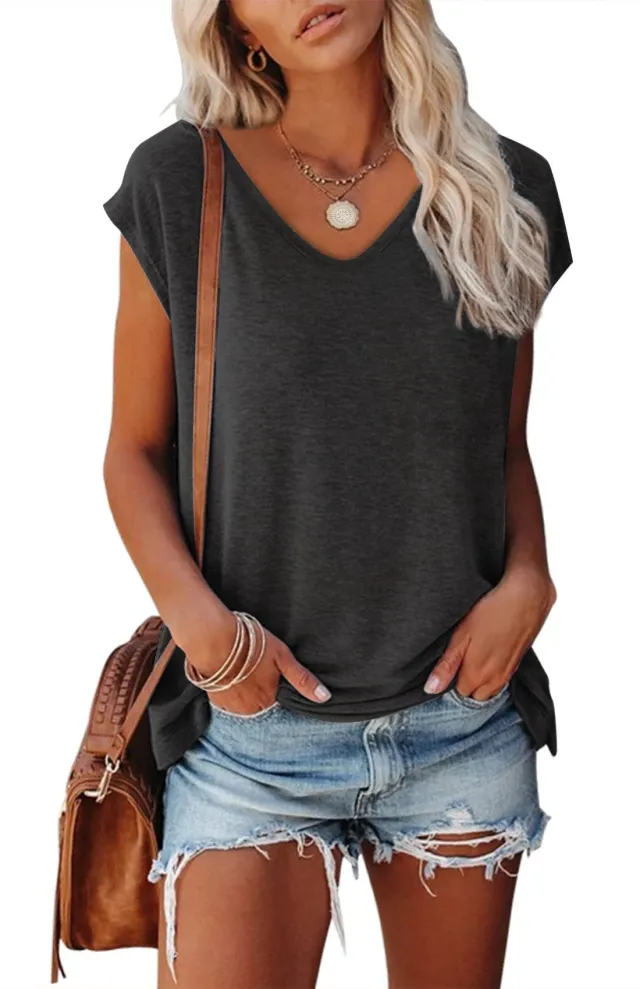 Women's Cap Sleeve V neck Solid Color Casual Loose fitting T shirt Black - Shop at LoveMi