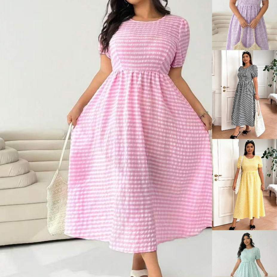 Plaid Crew-Neck Full-Swing Plus-Size Dress
