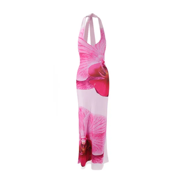 Neck Tie Strap V Neck Printed Slim Fit Long Backless High Waist Dress Pink - Shop at LoveMi
