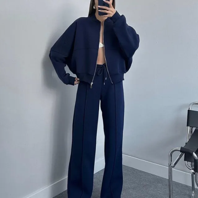 Round Neck Fashion Simple Elegant Sweater Coat Plus Casual Straight Pants Dark Blue - Shop at LoveMi