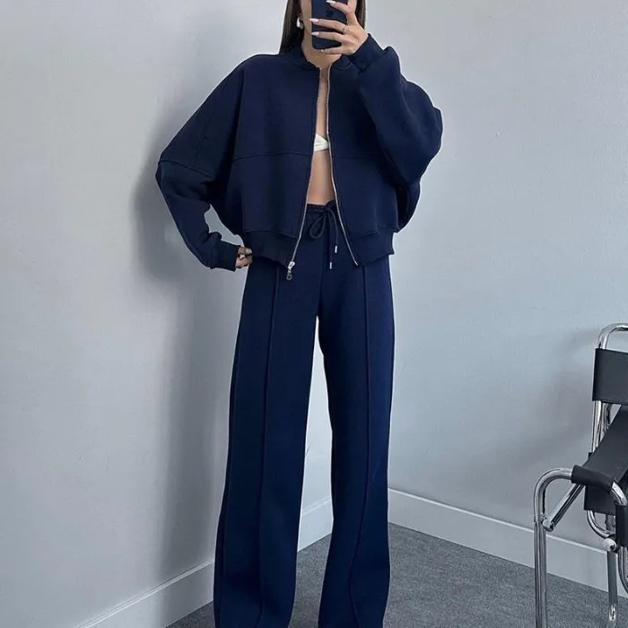 Round Neck Fashion Simple Elegant Sweater Coat Plus Casual Straight Pants - Dark Blue