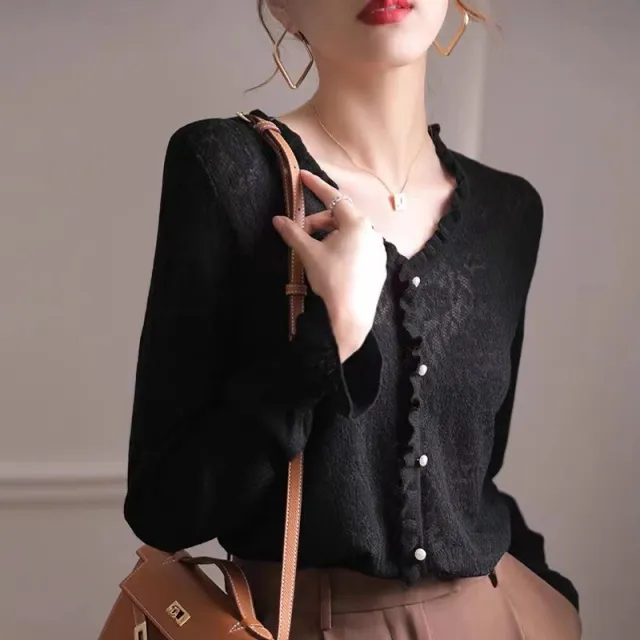 High grade Hollow out Lace V neck Thin Sweater Black - Shop at LoveMi